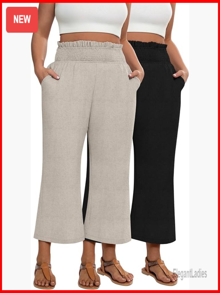 Plus Size Linen Wide Leg Cropped Capri Pants Elastic Waist Palazzo 2 Pack